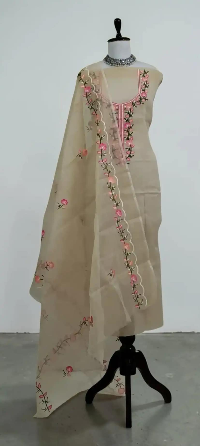 Kota Doria Cotton-Silk Dress Material, Gota Patti, Biscuit Floral