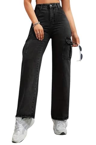 Glossia Fashion High Waist Cargo Denim Jeans for Women Wide Leg Stretchable Straight Fit Jeans - Black, 24