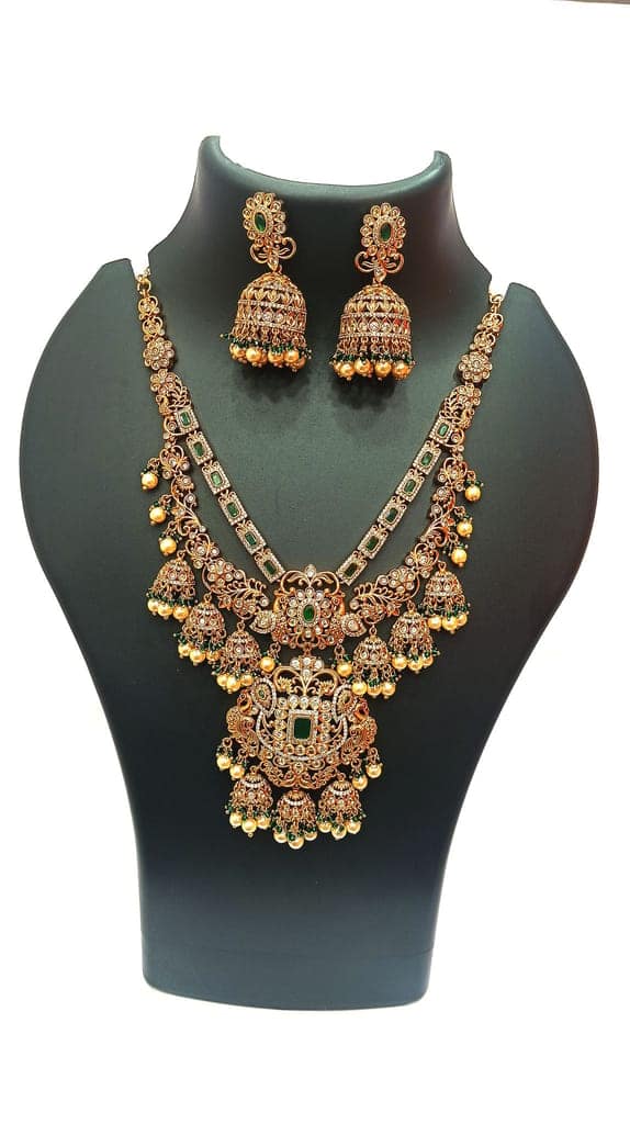 Bridal Gold Plated Antique Necklace Set With Green Stones