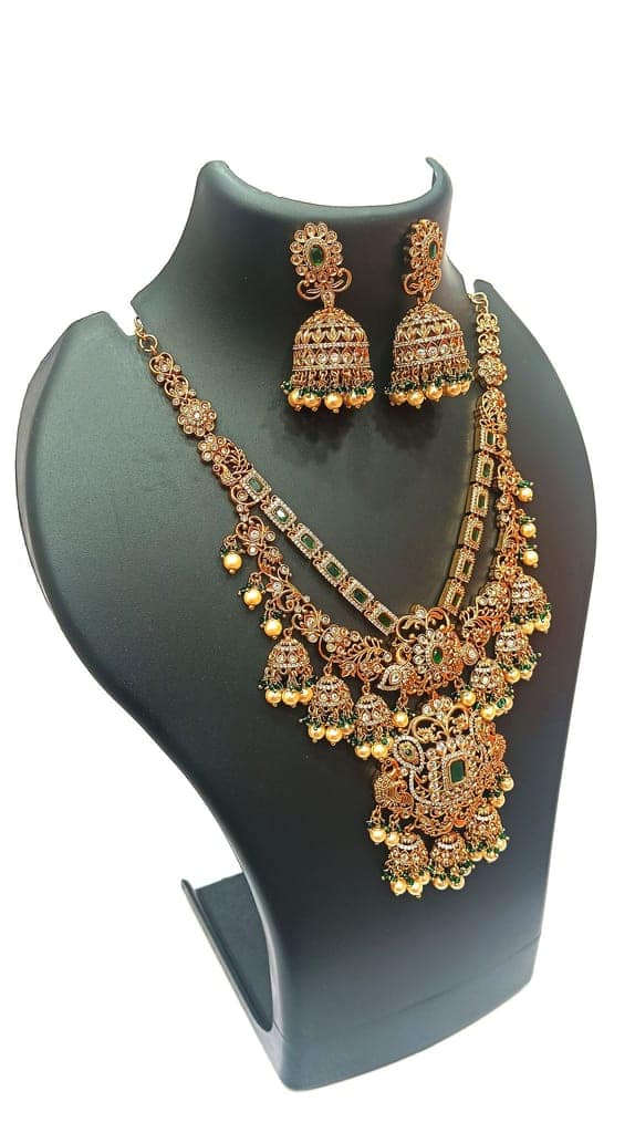 Bridal Gold Plated Antique Necklace Set With Green Stones view 2