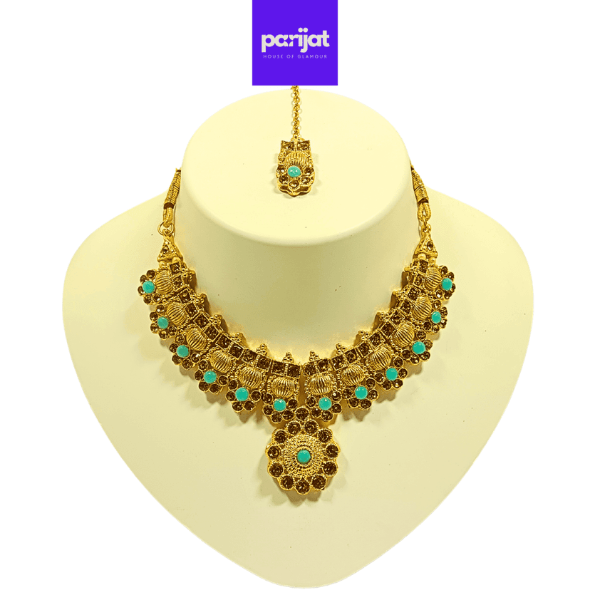 Parijat Elegant Luxury Handcrafted Gold Plated Necklace Jewellery Set with Earrings And Mangtika, AD, Sea Blue Stone view 2