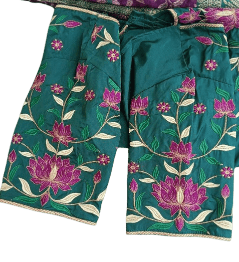 Green blouse with pink and gold floral embroidery view 2