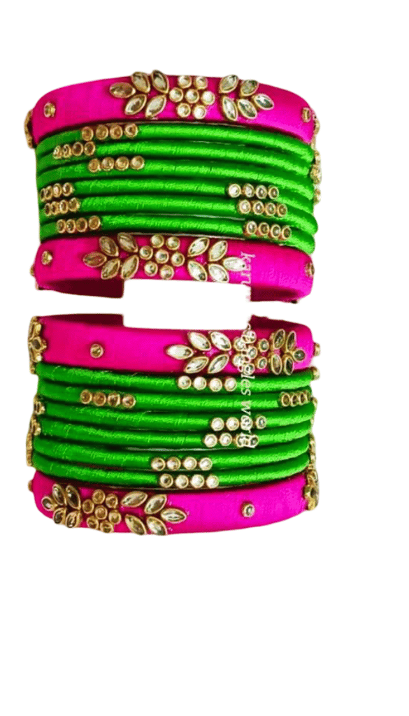 Pink and Green Silk Thread Bangles with Stone Embellishments view 2