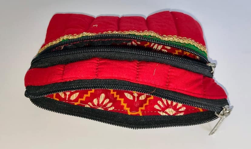 Red Quilted Cotton Double Zipper Coin Purse view 2
