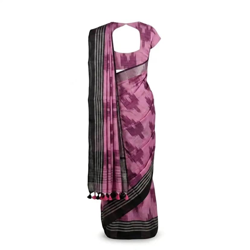 Pink Printed Odisha Handloom Saree | Ethnic Woven Cotton view 2