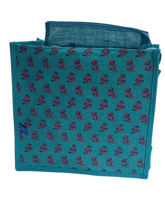Blue Floral Jute Bag view 2