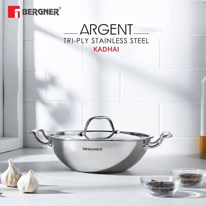 BERGNER Argent Triply 22cm (2.8 Liters) Deep Kadai with Stainless Steel Lid, Consumes Less Oil, Healthy Cooking, Sturdy Stay Cool Cast Handles, Even Heat Distribution - Induction and Gas Stove Ready view 2
