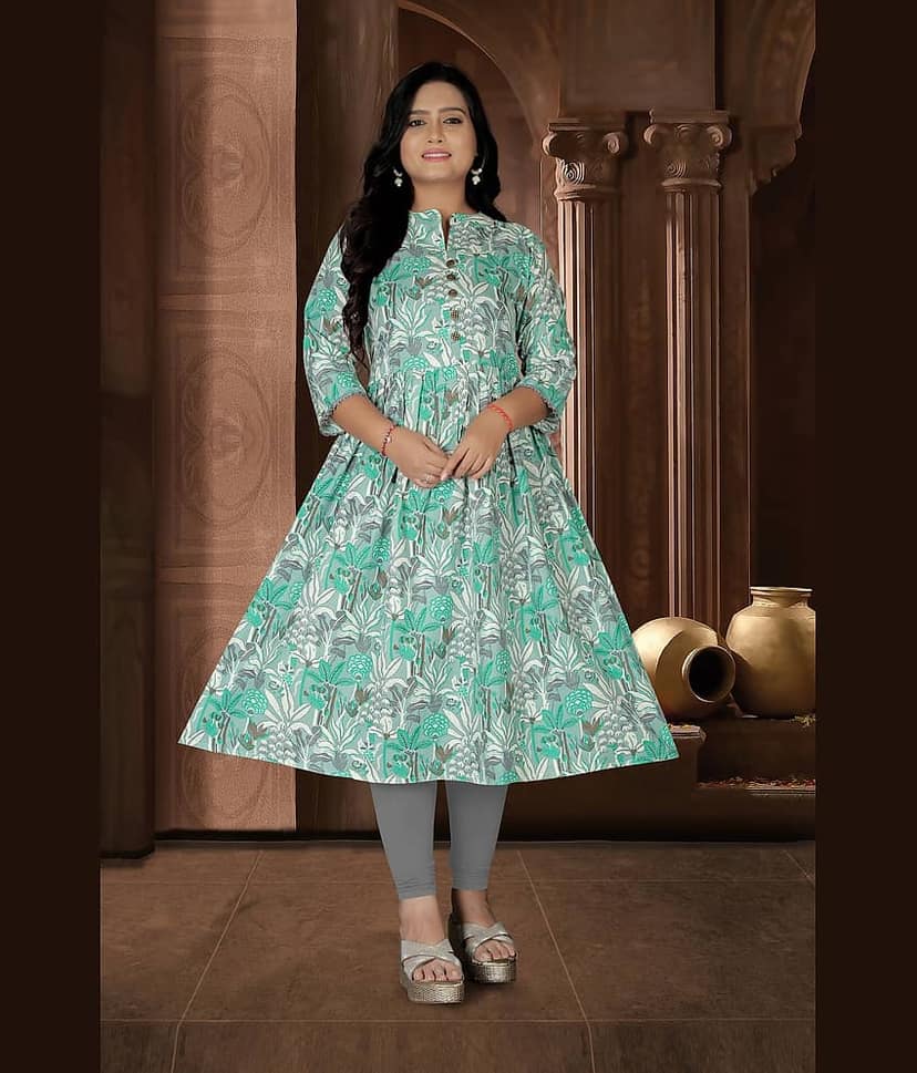 RIAANA Women Cotton Printed Anarkali Kurti ( Green )
