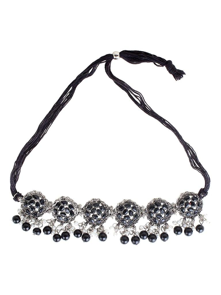 Cardinal Black Stone Onyx Oxidized Silver Color Choker Necklace Set view 2