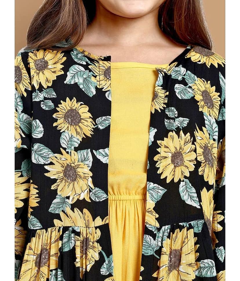 Lazy Shark Polyester Blend Fit And Flare Dress For Girls ( Pack of 1 , Yellow ) view 2
