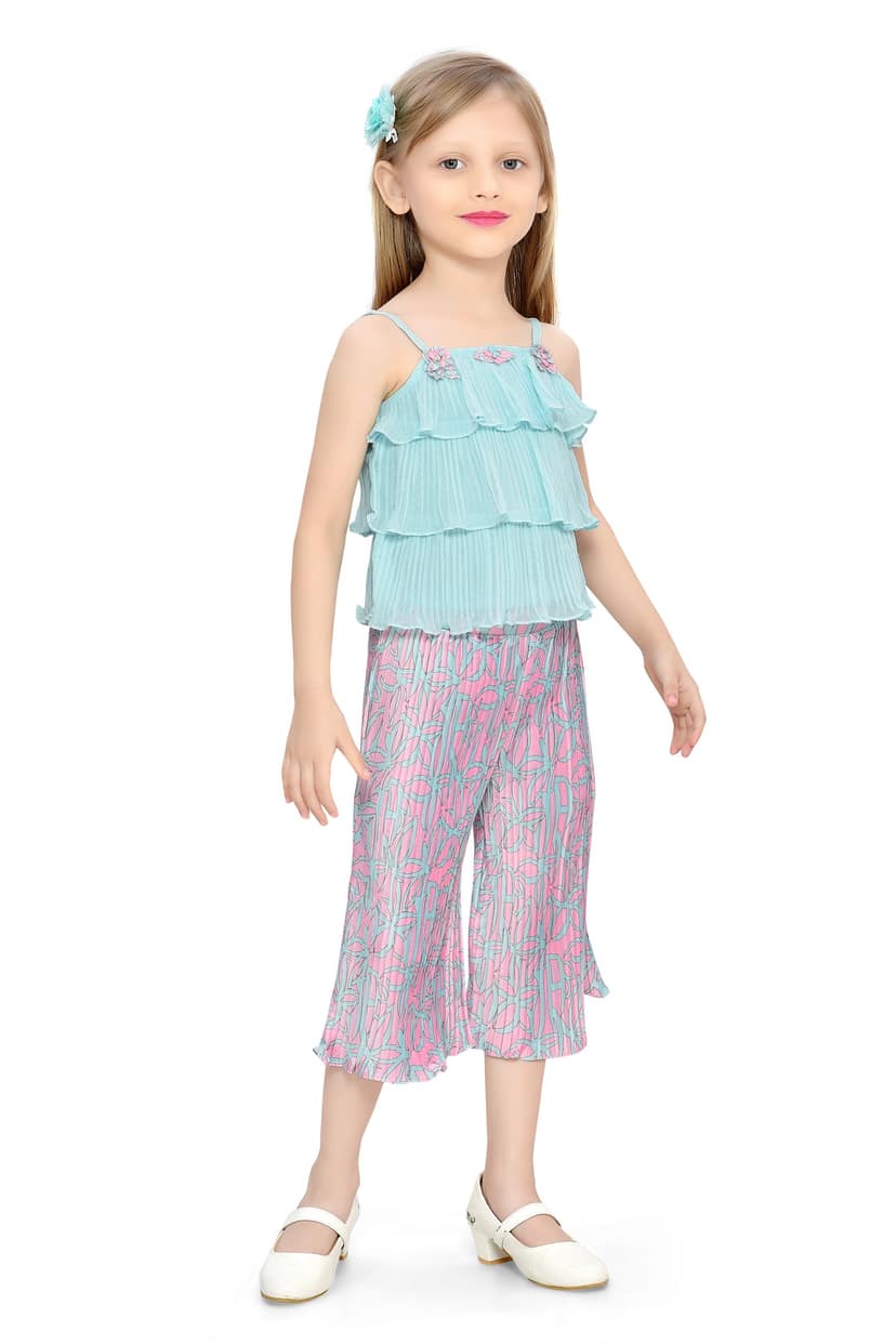 Be:Kids Green Tropical Bliss Layered Ruffle Top and Palazzo Pants Set view 2