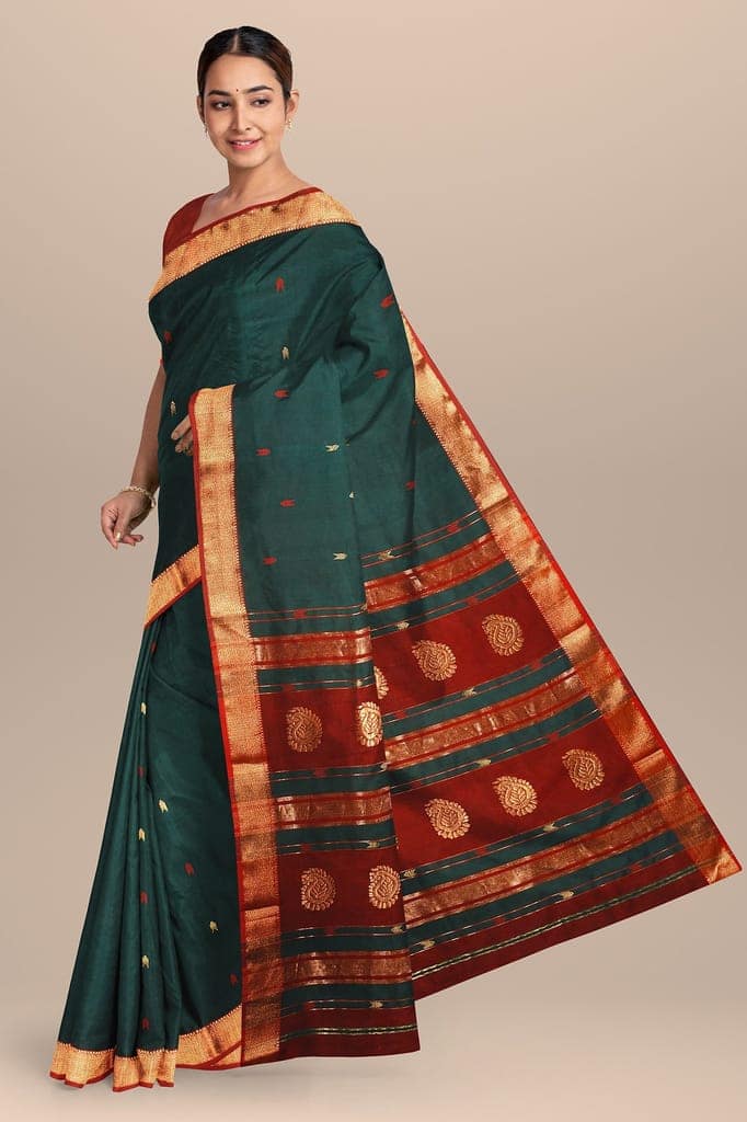 Dark Green Buta Buti Handwoven Sausar Silk with Zari Border Saree SKU- BS10014 view 2