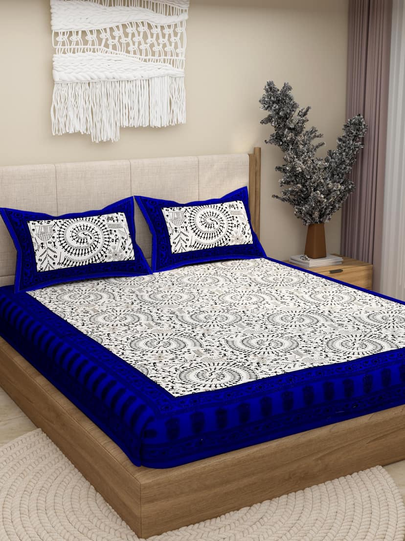 Lali Prints Blue Ethnic Block Printed Cotton 130 TC Queen Bedsheet with 2 Pillow Covers view 2
