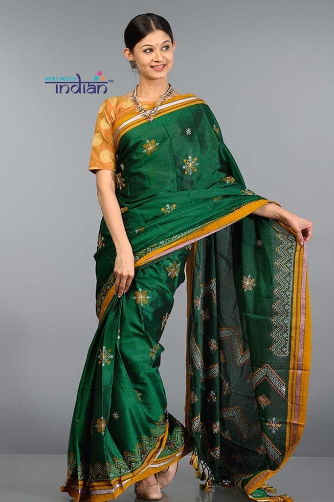 Traditional Khun – Cotton Resham Handwoven Saree (Green with Kashida Work) view 2