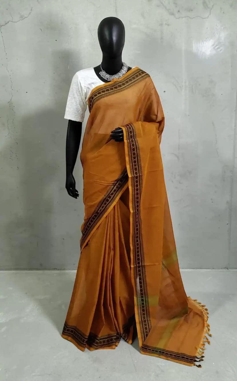 Handwoven Kanchipuram Cotton-Silk Saree in Mustard with Black Border