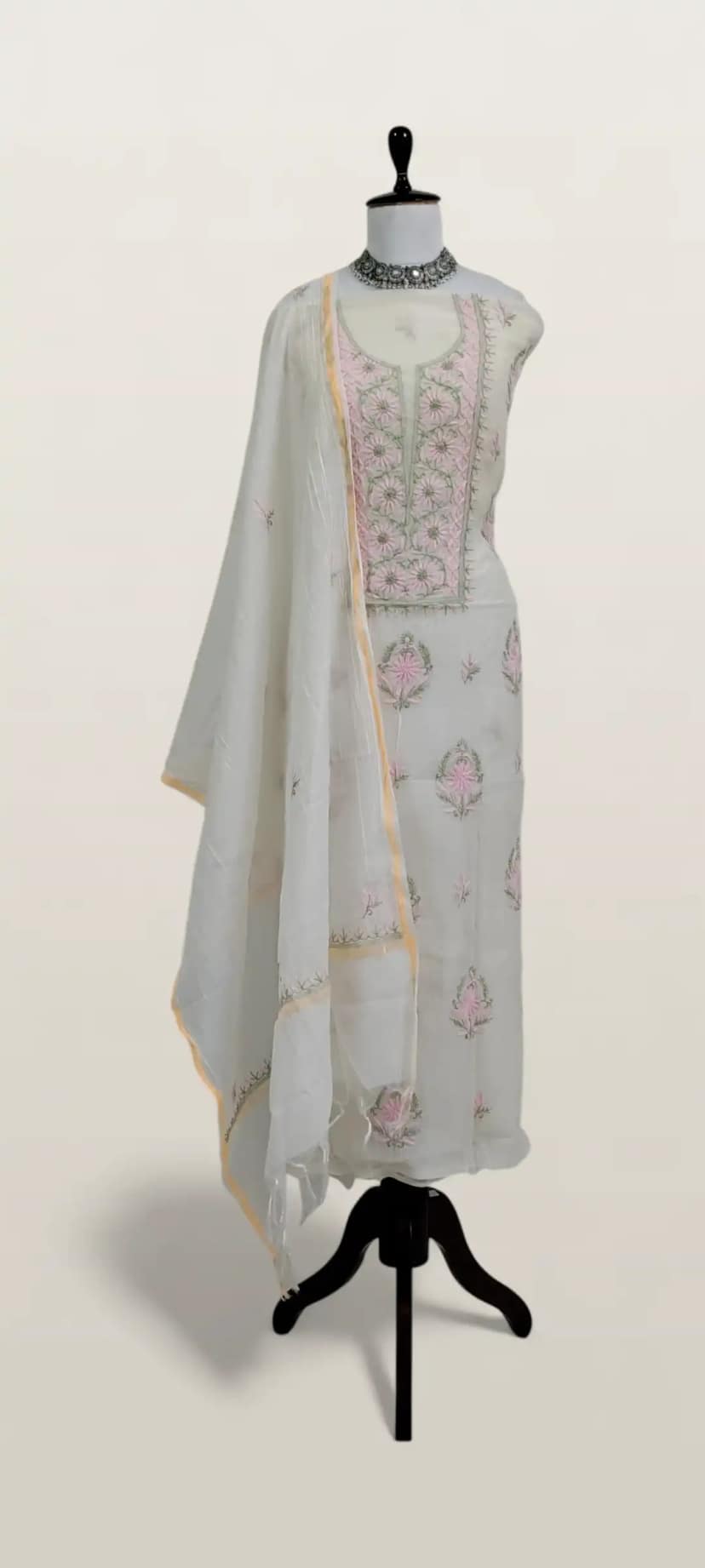Chikankari Mul Chanderi Dress Material Cream Pink Floral