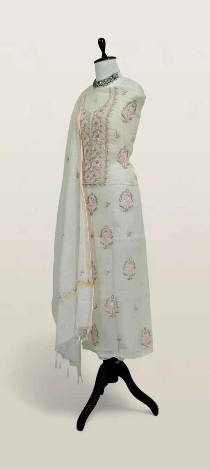 Chikankari Mul Chanderi Dress Material Cream Pink Floral view 2
