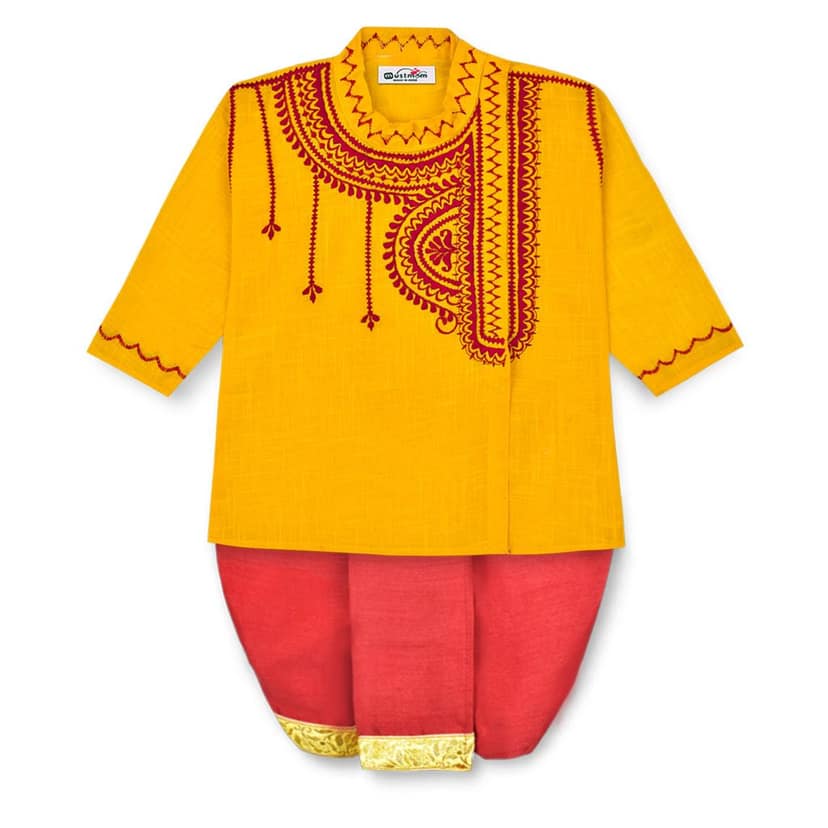 Mustmom Soft & Comfortable Traditional Embroidered Ethnic Dhoti Kurta Set for Baby Boy Annaprasana Choroonu Bhaatkhulai Rice Ceremony Weding Haldi Ceremony