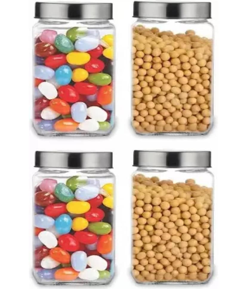 skwaion - Silver Glass Food Container ( Set of 4 ) - 1000 ml