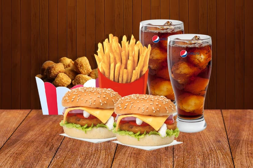 2 paneer burger+ fries+ jalapeno poppers+ pepsi