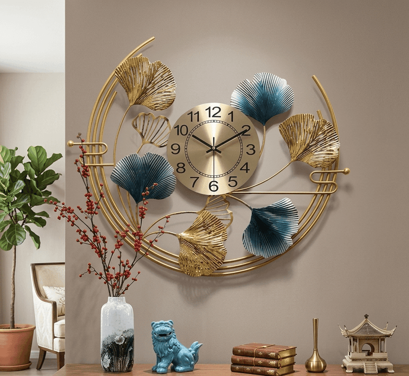 Artisan Botanical Crescent Wall Clock – Gold & Teal Filigree Metal Art view 2