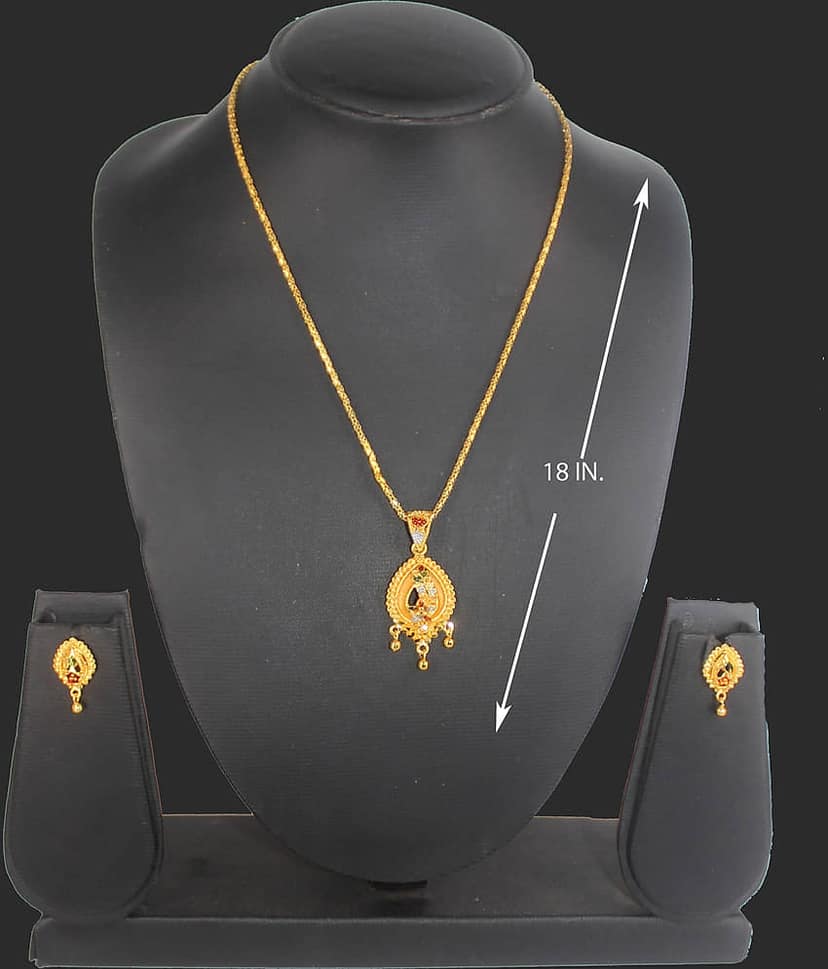SHANKH-KRIVA NON ADJUSTABLE GOLD PLATED MEENA KARI PENDANT SET WITH 18"INCH CHAIN AND EYERINGS-100408 view 2