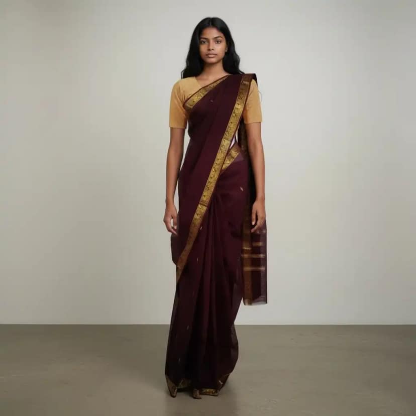 Handwoven Kanchipuram Cotton Saree in Brownish Red with Golden Border