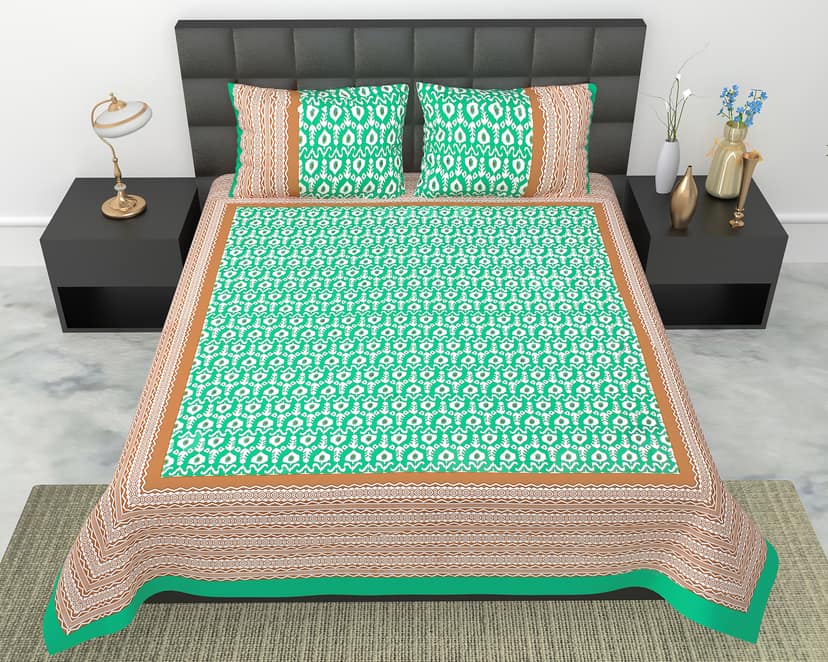 Lali Prints Green White Printed Cotton 130 TC Queen Bedsheet With 2 Pillow Covers