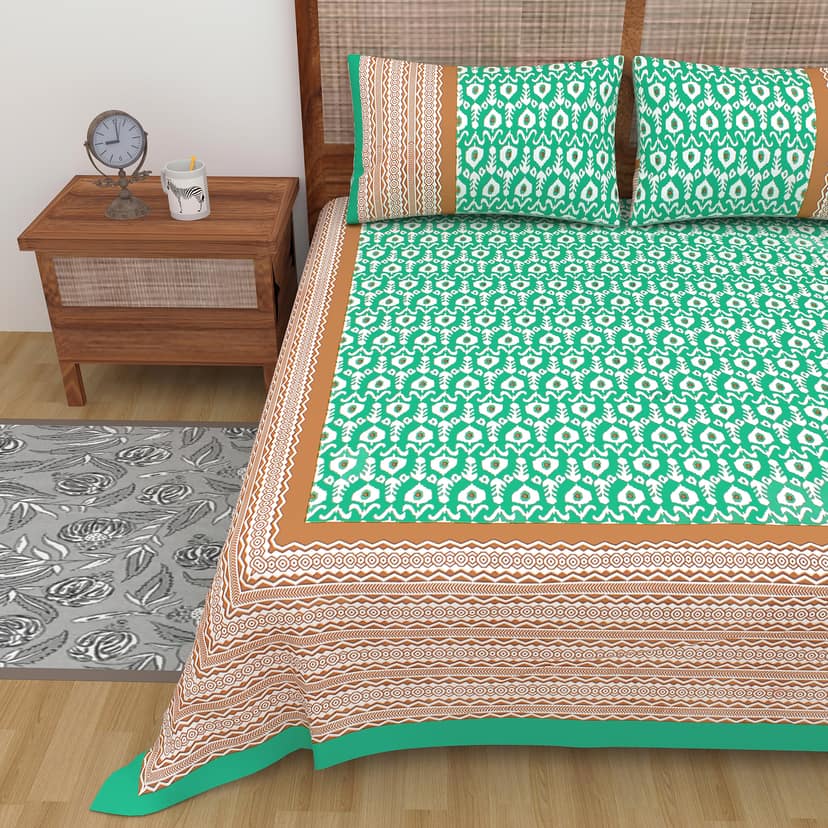 Lali Prints Green White Printed Cotton 130 TC Queen Bedsheet With 2 Pillow Covers view 2