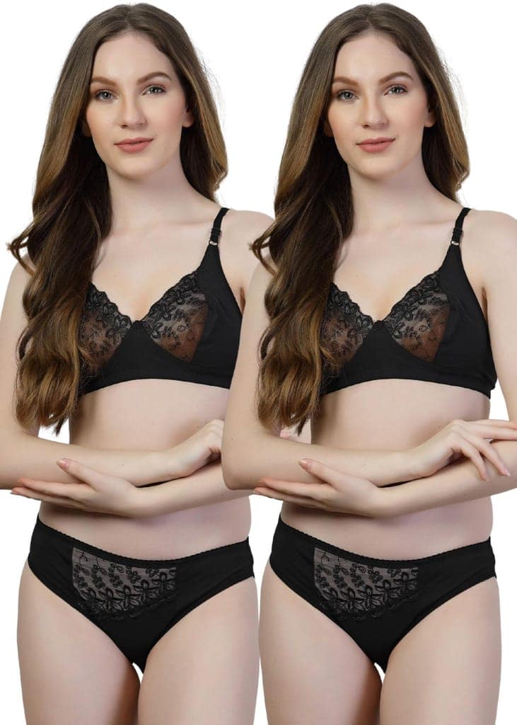 adornstar Women Cotton Lingerie Set with Solid Color Design | Non Wired and Non Padded Bra with Full Coverage Hipster Panty Set | Stylish and Soft Stretchable Fabric (Pack of 2)