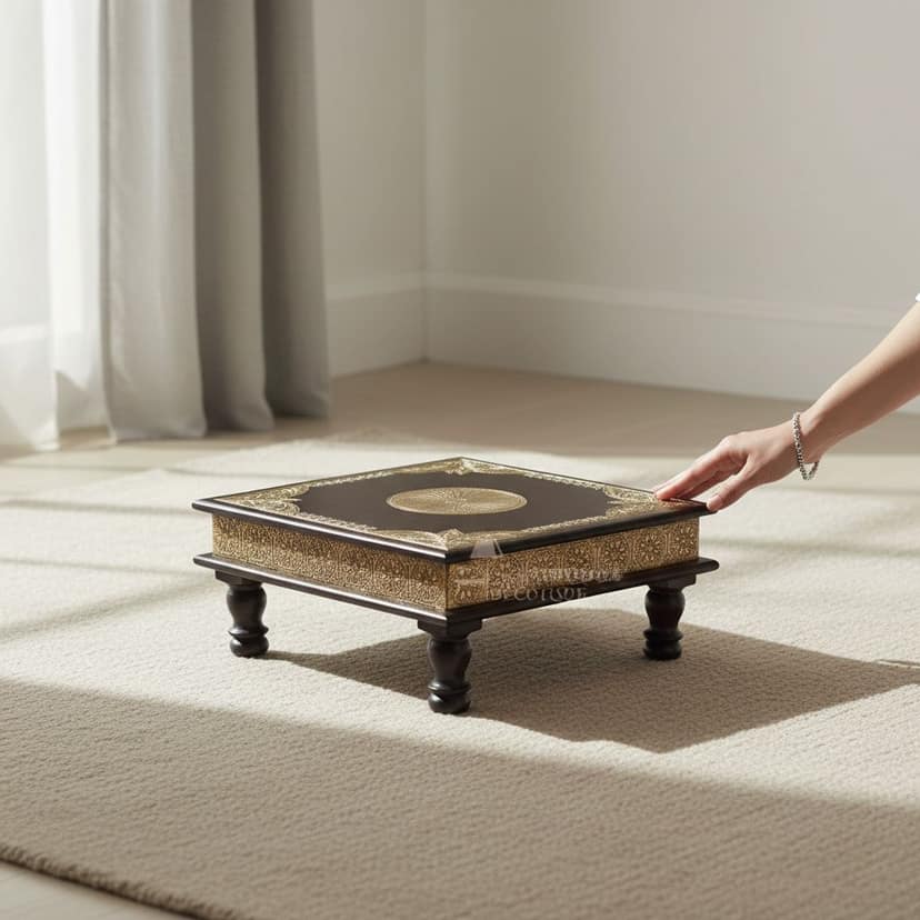 Wooden Beautiful Indian Pooja Chowki Table | Indian Pooja Bajot Table Setof3 With Brass view 2