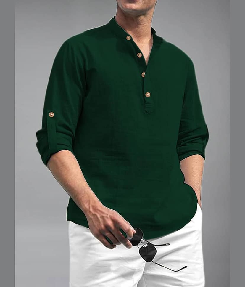 BHUVIKOO Cotton Blend Plain Shirt Style Kurta For Men ( Light Green )