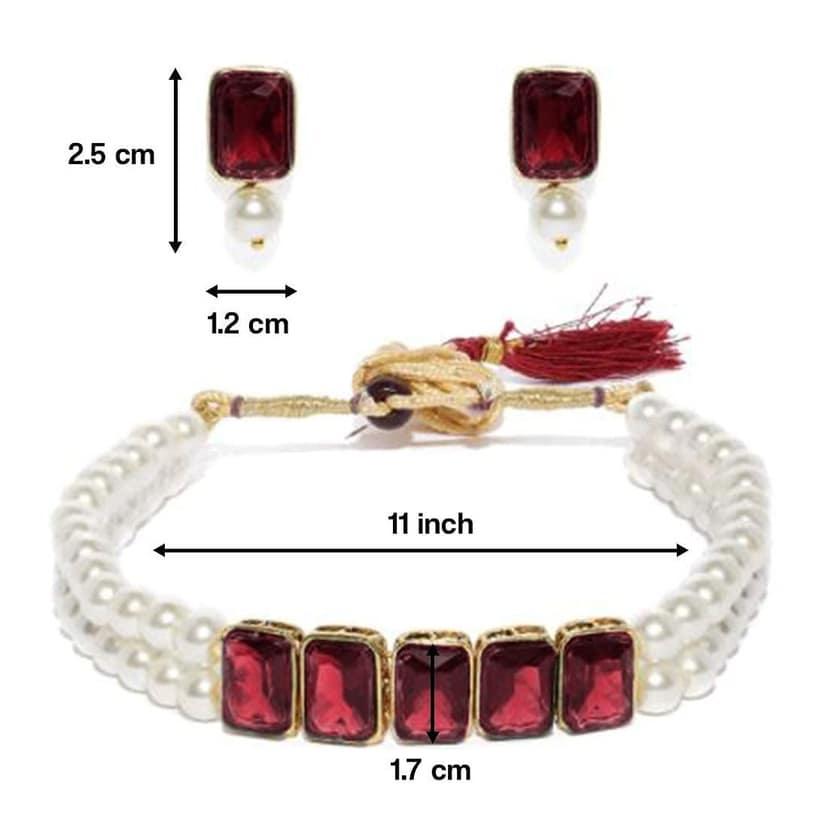 Gold Plated Traditional Crystal Stone Pearl Studded Choker Necklace Jewellery Set for Women (Red) view 2