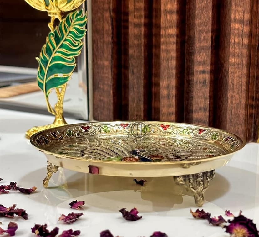 Pure Brass Puja thali Plate with Peacock Embossed Design Best for Home Office Pooja Purpose Handicraft (20 cm) view 2