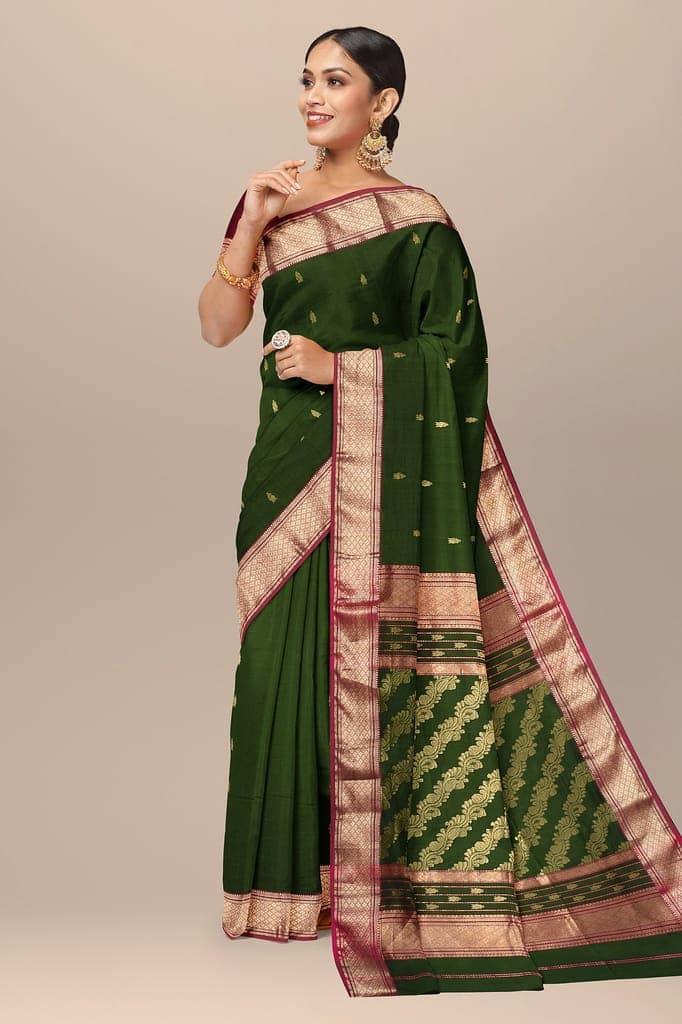 Mehndi Green Traditional Buti Handwoven Sausar Silk with Zari Border and Bel Palla Saree SKU - BS10102 view 2