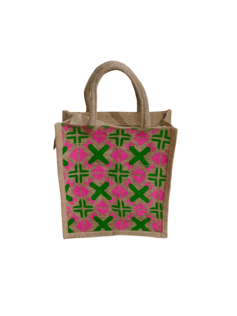 Jute Tiffin Bag with Green and Pink Geometric Print