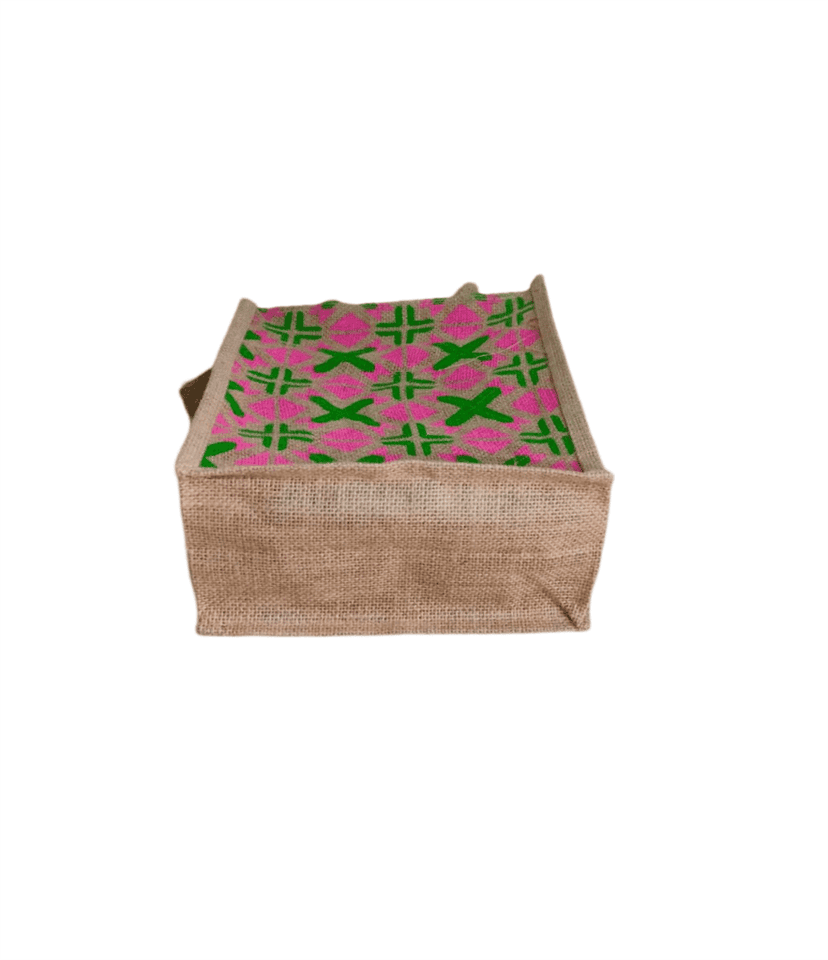 Jute Tiffin Bag with Green and Pink Geometric Print view 2