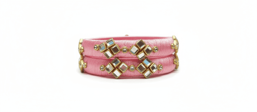 Pink Silk Thread Bangles with Mirror & Stone Embellishments view 2