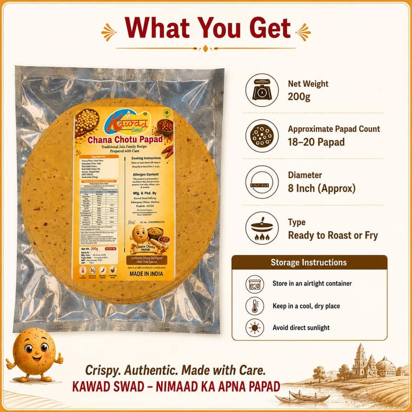 KAWAD SWAD Chana Chotu Papad 200g | Traditional Jain Recipe | Crispy Chana Papad | Ready to Roast or Fry view 2