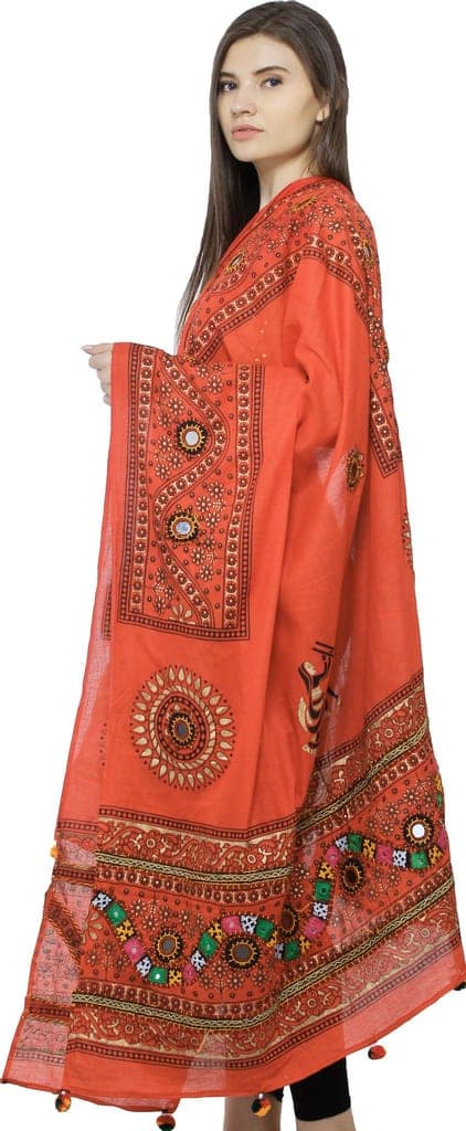 Nasturtium Printed Dupatta from Kutch with Hand-Embroidered Florals and Mirrors view 2
