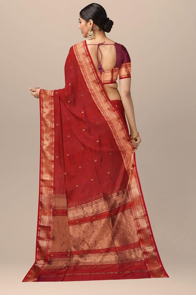 Crimson Red Handwoven Mulberry Sausar Silk With Rui Buti And Zari Border Saree SKU-BS10148 view 2