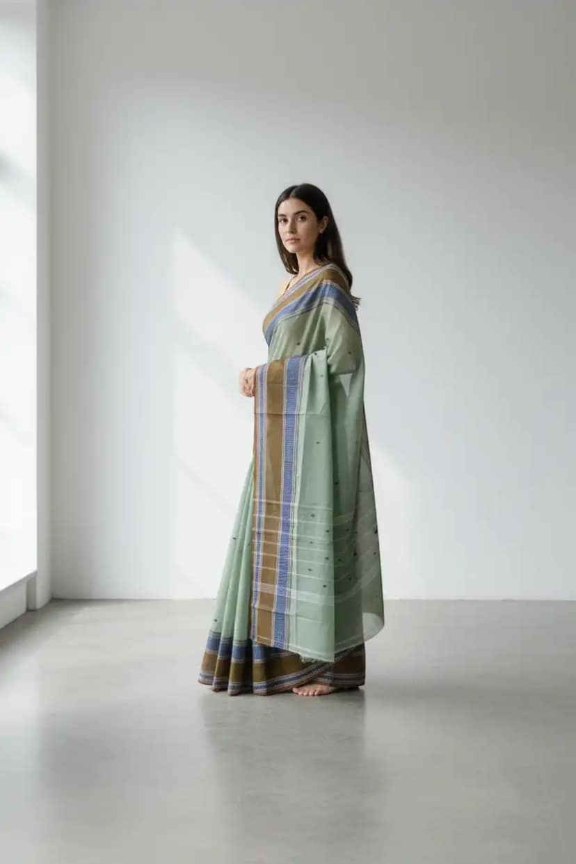Handwoven Sage Green Kanchipuram Cotton-Silk Saree, Contrast Border