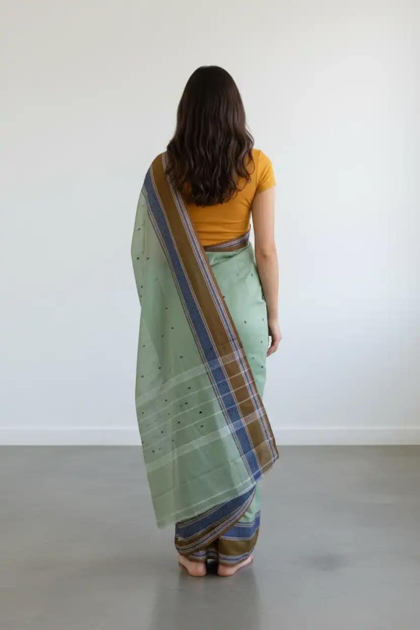 Handwoven Sage Green Kanchipuram Cotton-Silk Saree, Contrast Border view 2