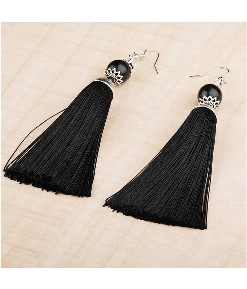 SILVER SHINE Graceful Black Long Thread Tassel Earrings for Women