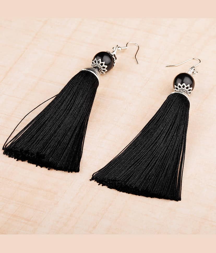 SILVER SHINE Graceful Black Long Thread Tassel Earrings for Women view 2