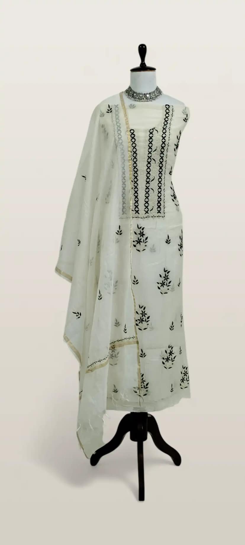Chikankari Mul Chanderi Dress Material White Black Floral