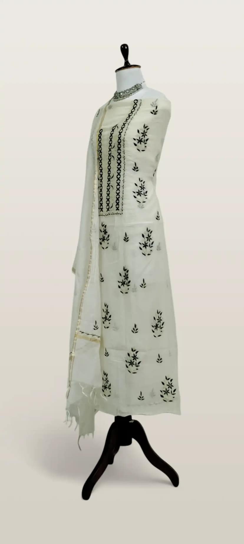 Chikankari Mul Chanderi Dress Material White Black Floral view 2