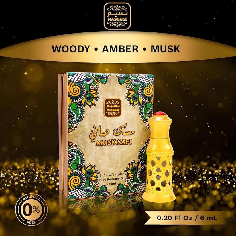 NASEEM Musk Safi Perfume Oil, Pure Musk Scent, Alcohol Free, 6mL