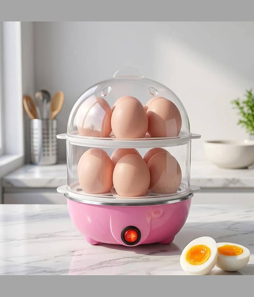 Electric Egg Boiler, Pink and White, Automatic Shut-Off, 14 Egg Capacity, Plastic and Steel Construction, 10-Minute Cooking Time