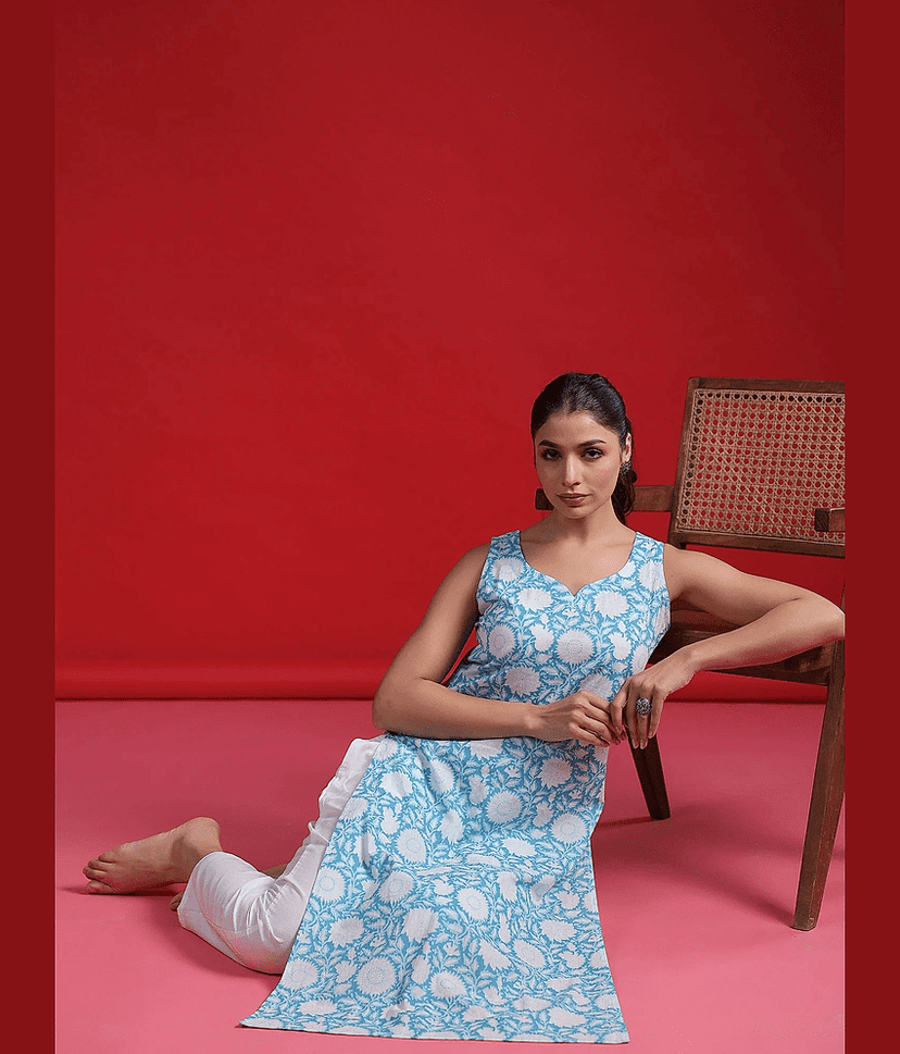 Shivaradhya designers Women Cotton Printed Straight Kurti ( Aqua Blue )